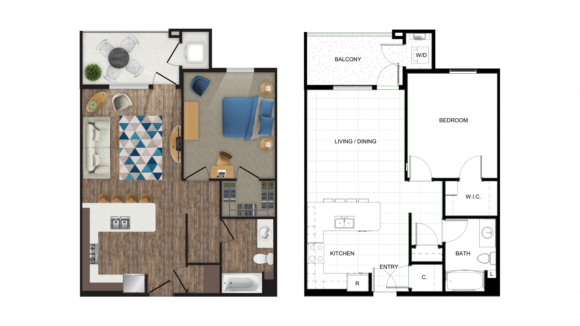 Floor plan for 1 bed, 1 bath, 705 sqft